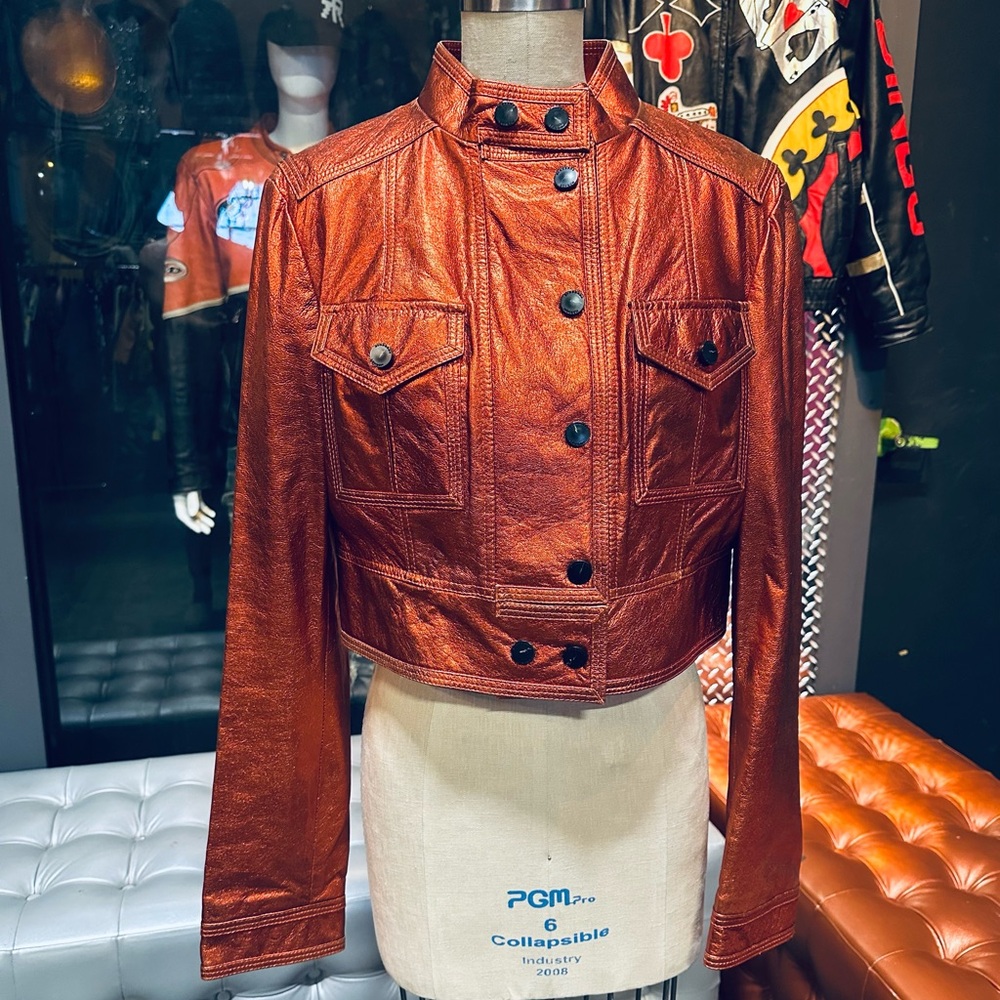 Burberry London Metallic Burnt Orange Copper Cropped Goat Leather Jacket - Picture 5 of 11